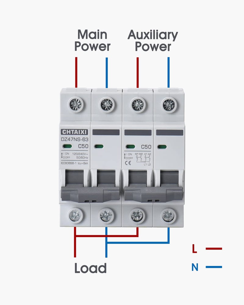 CHTAIXI Manual Transfer Switch, 32 Amp 120V/240V AC Dual 2-Pole DIN Rail Mount RV Transfer Switch, Single-Side Interlock Circuit Breaker MTS D2P C32 - Image 2